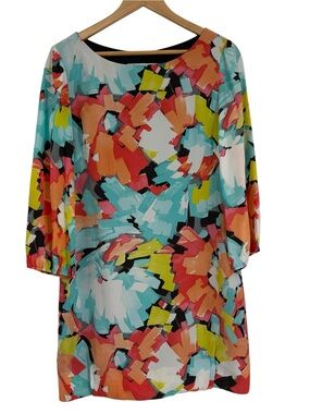 Trina Turk Watercolor Print Shift Dress Size 10 Silk Balloon Sleeve Lined
